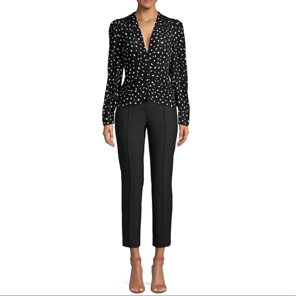 Rebecca Taylor Women's Black Dotted Long-Sleeve V-Neck Ruched Blouse 10